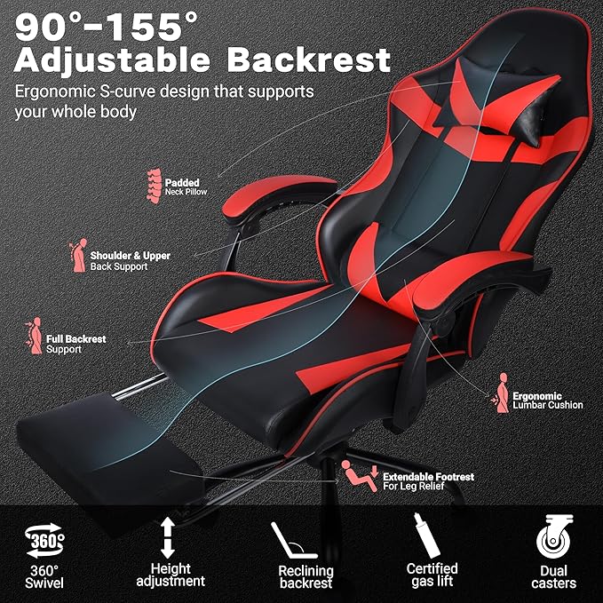 Gaming Chair with Footrest and Lumbar Support, Height Adjustable Chair with 360°Office Desk Chair,Heavy Duty 330lbs Computer Chair for Adults, Black & Red
