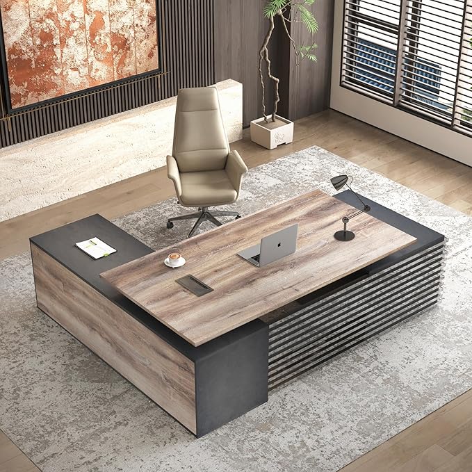 SAINTCY 86.61In L Shaped Executive Standing Desk with Drawers, Large Modern Adjustable Heigh Home Office Desk w/Universal Charging Ports, Business Workstation, Black and Warm Oak