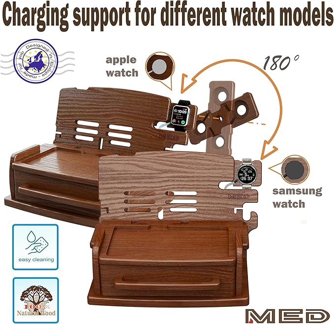 MED Wood Phone Docking Station with Drawer - Nightstand Organizer (Dark Walnut)