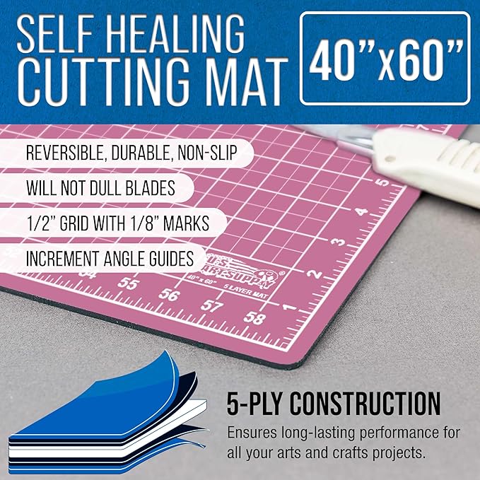 U.S. Art Supply 40" x 60" Self-Healing Cutting Mat 5-Ply - Double-Sided Pink/Blue Craft Mat, Non-Slip Cutting Mats for Crafts, Sewing, Quilting, Scrapbooking