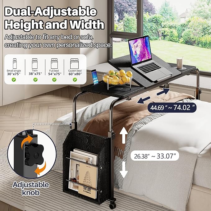 Overbed Table with Wheels, Tilting Overbed Desk Adjustable Height & Length, Queen Over Bed Table with Storage Cabinet, Rolling Laptop Desk for Bedroom, Living Room, Hospital (Black, 47.24in)
