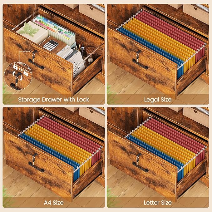 SEDETA 56.7" L Shaped Standing Desk, Reversible Computer Office Desk with Drawers & Hutch, Stand Up Corner Gaming Desks with LED Lights & Power Outlets for Home Office, Rustic Brown