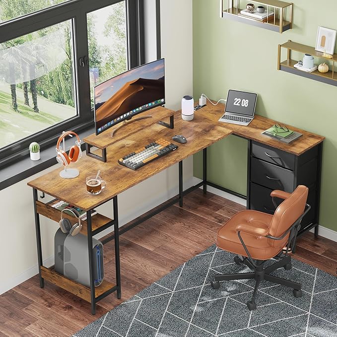 DEVAISE 66 Inches L Shaped Desk with Drawers, L Shaped Office Desk with Power Outlets, Monitor Stand, Computer Table, Gaming Desk with LED Light, Large Corner Desk for Home Office (White)