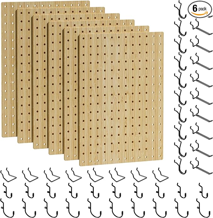 VOIMO Bamboo Pegboard Organizer Set, 6 Panels (16"x12") with 48 Hooks – Eco-Friendly Wall Mounted Storage Rack for Tools, Crafts & Office – Natural Bamboo Pegboard System with Accessories