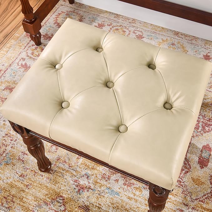 Vintage Wooden Writing Desk Stool Set, Small Secretary Desk and Cushioned Stool Set with 2 Drawers, 39.4" W Wood Writing Table Vanity Makeup Table Sets for Home Office-Cheery&Beige