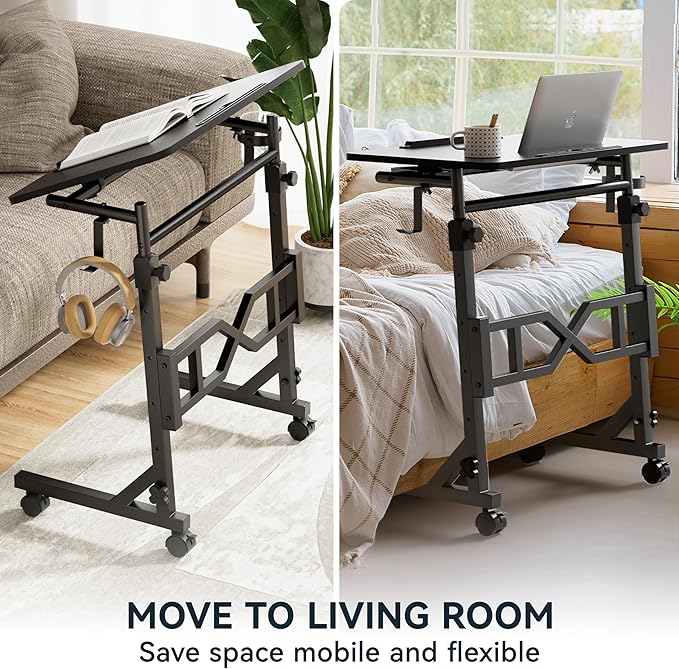 Oransail Small Standing Desk with Wheels, 29.5-45.3 Inch Adjustable Height, Portable Treadmill Desk, Rolling Computer Table for Walking Pad with a Cup Holder and a Hook