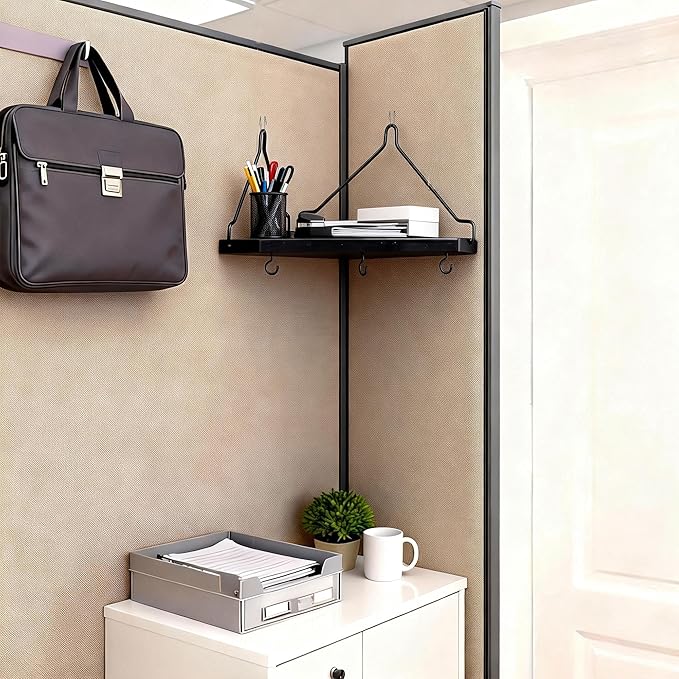Black Cubicle Corner Shelf with Hooks for Fabric Walls, 2 Pack 12'' Wooden Office Cubicle Accessories for Work, Floating Wall Shelf for Decor