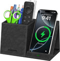 Pen Holder with Wireless Charger, Pencil Holder for Desk, Multi-Functional Desktop Organizer, Desk Organizers and Accessories for Home School Office Supplies, PU Leather Black