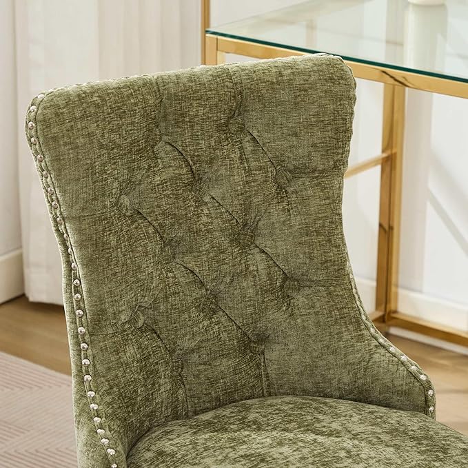 Goujxcy Desk Chair, Modern Chenille Upholstered Tufted Button Home Office Chair, 360° Swivel Armless Desk Chairs, 120°Rocking Ergonomic Computer Task Vanity Chairs, Green