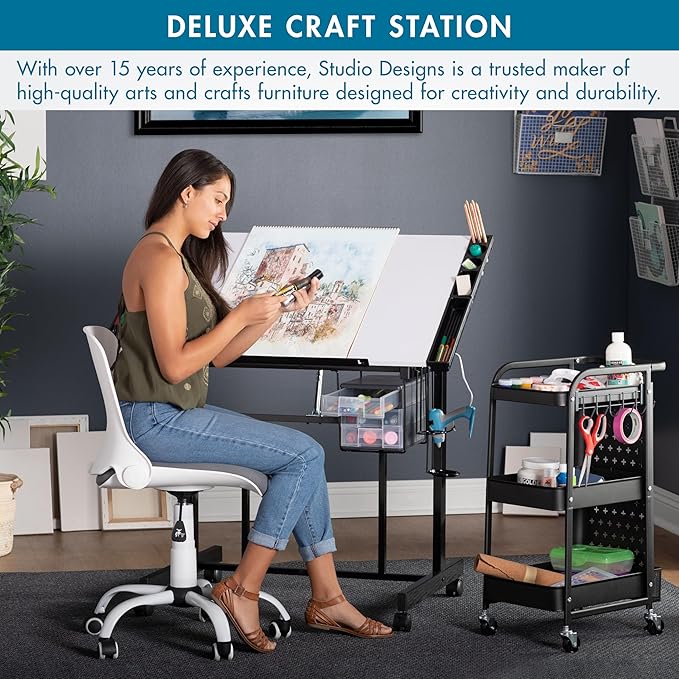 Studio Designs Deluxe Craft Station, Top Adjustable Drafting Table Craft Table Drawing Desk Hobby Table Writing Desk Studio Desk with Drawers, 36''W x 24''D, Black/White