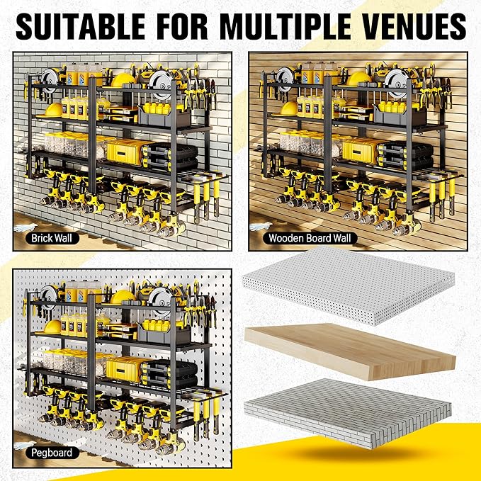 Hipidian Power Tool Organizer Wall Mount - Storage Rack with 4 Drill Holders for Drills Cordless Tools. Heavy Duty Iron Garage Tool Organizer Storage for Workshop Shed (4 Slots 4 Layers 2 Pack)