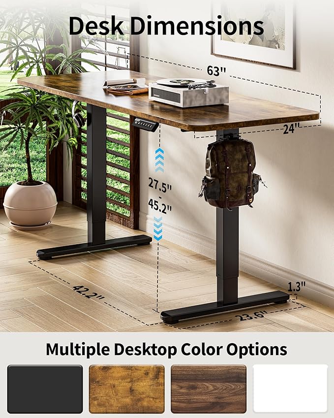 BIZUM Electric Standing Desk 63 x 24 Inch Computer Desk-Gaming Desk Rustic Brown Home Office Desks Height Adjustable Memory Stand Up Computer Workstation