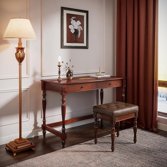 Vintage Wooden Writing Desk Stool Set, Large Secretary Desk and Cushioned Stool Set with 2 Drawers, 46" W Wood Writing Table Vanity Makeup Table Sets for Home Office-Cheery&Chestnut Brown