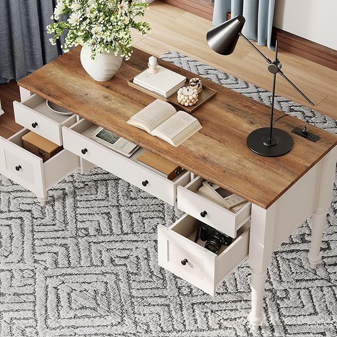 WAMPAT Home Office Furniture Set, 56" Executive Desk with Charging Station, 2-in-1 Cabinet with 4 Doors and 2 Drawers, Wood Computer Desk with File Cabinet Storage, Open Shelf, White