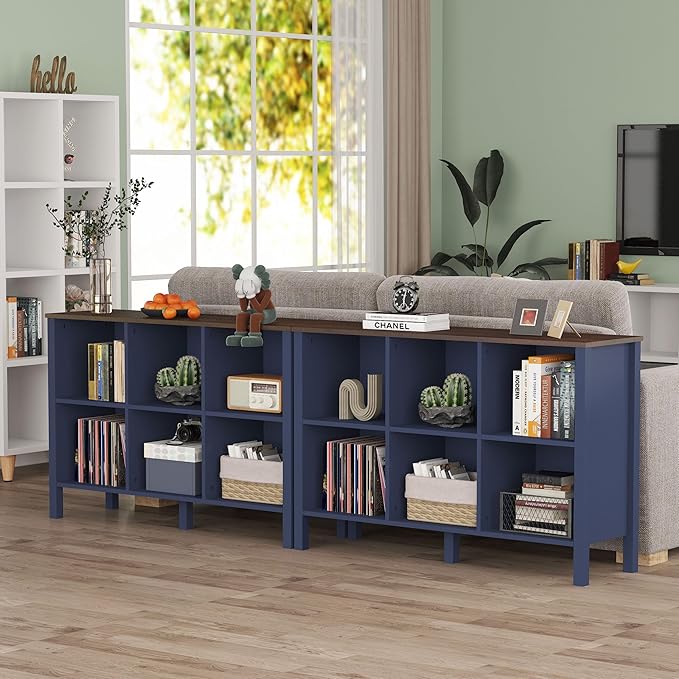 6-Cube Bookcase, Farmhouse Wooden Bookshelf Low Storage Organizer, 45" Horizontal Navy Blue Console with Legs, Hallway Book Case for Entryway, Display Cabinet for Living Room (Navy Blue, 6-Cube)