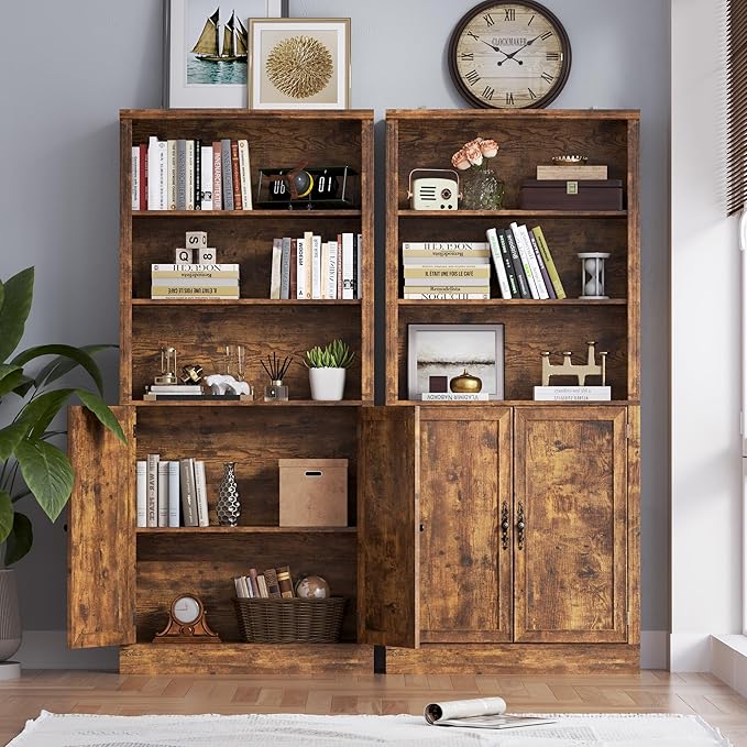 BORNOON 70.1" Tall Bookshelf with Cabinet, 5-Tier Floor Standing Bookcase with Doors & Adjustable Shelves, 31.5" Wide Storage Shelf, Metal Handles, Modern Organizer for Home Office, Living Room
