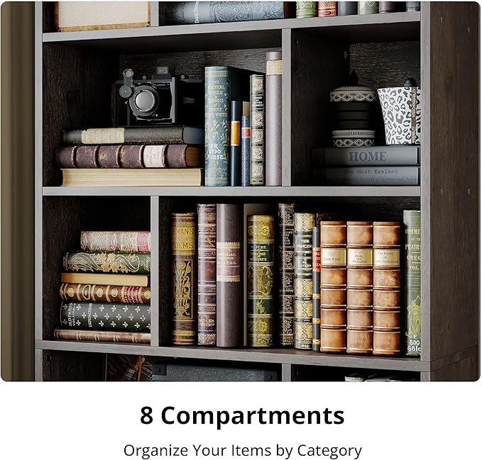 IRONCK Book Shelf, Tall Bookshelf with Storage, Bookshelves and Bookcases with Doors, 4-Tier Bookcase with 8 Open Cubes for Living Room, Office, Study, Charcoal Gray