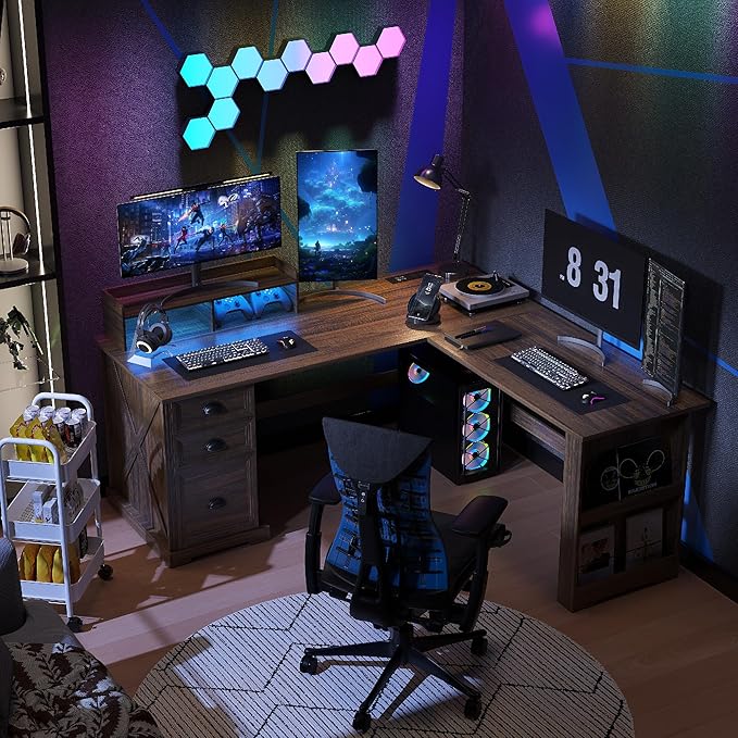 Lareth Executive L Shaped Desk with Monitor Stand, 59 inch Farmhouse Corner Computer Desk with Power Outlets & LED Lights, Home Office Desk with File Cabinet for Working Gaming Writing, Dark Walnut
