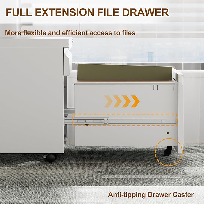 Metal Mobile File Cabinet with Lock and 4 Keys - Fully Assembled, Under Office Desk 2 Drawers Filing Cabinet for Home Office with Anti-tilt Wheels, A4/Legal/Letter Hanging File Drawers