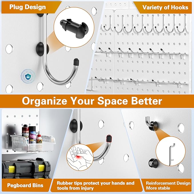 Peg Board, 112pcs Metal PegBoard Organizer with Accessories, 6 Pack 16'' x 12'' White Pegboard Panels with Hooks, Wall Organizer for Craft Room,Sewing Room,Office,Garage,Kitchen