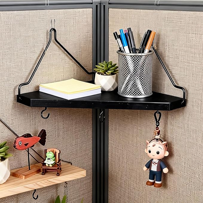 Black Cubicle Corner Shelf with Hooks for Fabric Walls, 2 Pack 12'' Wooden Office Cubicle Accessories for Work, Floating Wall Shelf for Decor