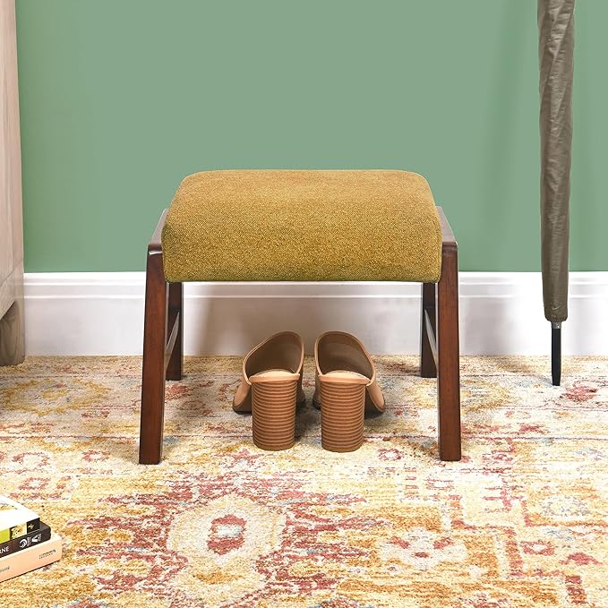 Small Footstool Ottoman, 11.8" H Fabric Wooden Foot Rest Ottoman with Wood Legs, Small Foot Stool Sofa Footrest Extra Seating for Living Room Entryway Office, Turmeric