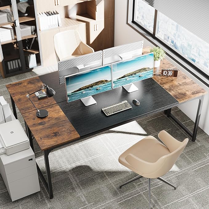 Huuger 78.7 Inch Office Computer Desk with Storage, Writing Work Desk for Home Office, Study, Gaming, Long Simple Desk, Large Legroom, Metal Frame, Rustic Brown and Black