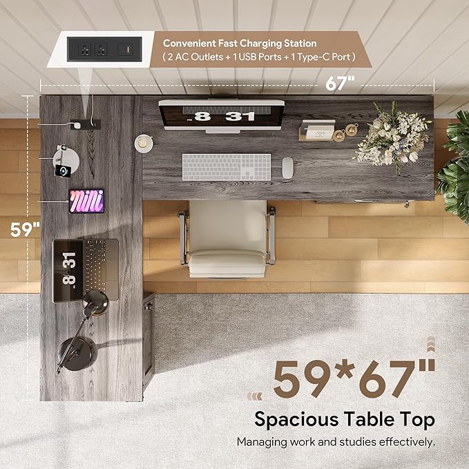 Decofy L Shaped Farmhouse Executive Desk with Drawers, 67" Home Office Desks with Fast Charging Station, Lockable File Cabinet, Wood Writing Computer Desk for Work, Study, Grey