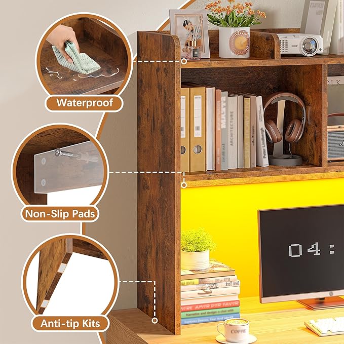 REIBII Desk Hutch Dorm for Computer Monitor Up to 27", Dorm Desk Hutch Top Only with RGB Light Strip, Wooden Desktop Bookshelf with 6 Shelves, 3-Tier Desktop Shelf for Home Office Dorm, Rustic Brown