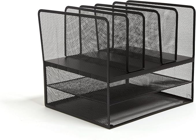TRU RED Wire Mesh File Organizer, 7‑Compartment, Matte Black – Vertical Desktop Sorter for Files, Folders & Mail