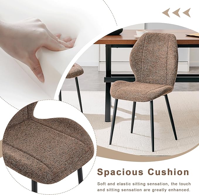 4 sets of retro and minimalist brown fabric dining chairs with spacious and comfortable cushions.Black metal legs and adjustable feet, suitable for dining room, study & office ,etc. Precise dimensio
