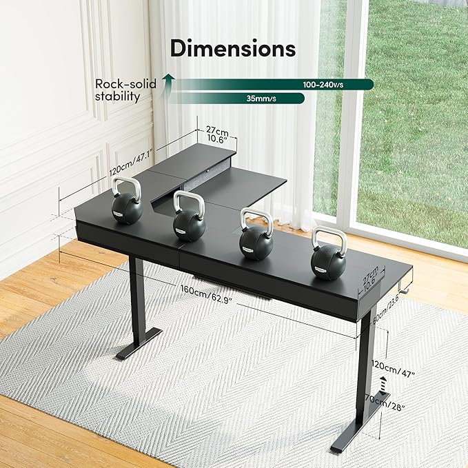 CubiCubi L Shaped Standing Desk with Drawers 63 x 48 Inch Adjustable Height, Electric Corner Desk with Storage, Sit Stand Home Office Desk with Splice Board, Black