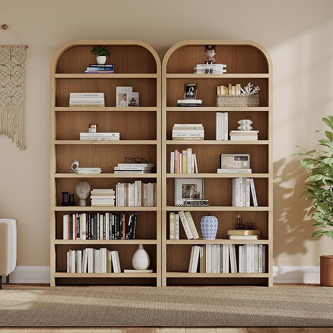 LEVNARY 70" Tall Arched Bookcase, 7-Tier Freestanding Storage Cabinet with Adjustable Shelves, Thick MDF Bookshelf for Bathroom Living Room Bedroom (Natural)