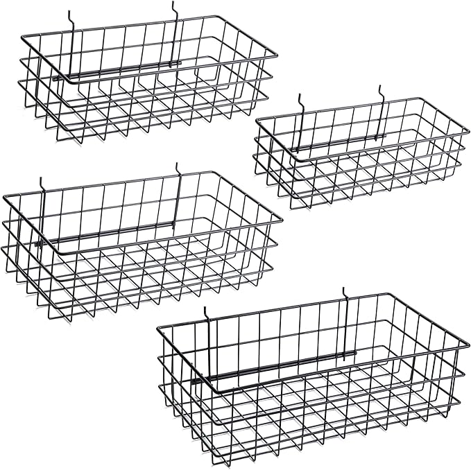 Pegboard Baskets, Set of 4 Black - Hooks to Any Peg Board - Pegboard Accessories, Square Style Wire Shelf Baskets - Organize Tools, Workbench, Garage Storage - Wall Organizer Attachments