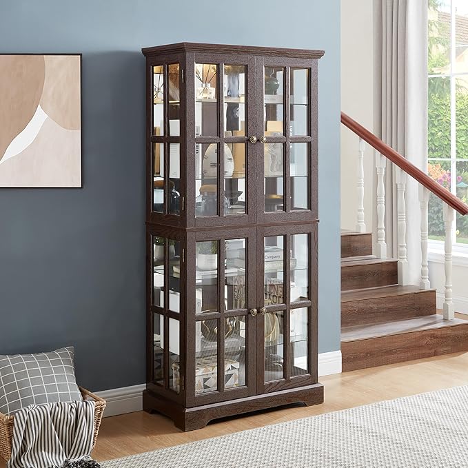 Curio Display Cabinet, Antique Display Cabinet with Glass Doors Adjustable Shelves for Collectibles Four Door Design Vintage Showcase for Home or Office Antique Display Case E26 Bulb Included CHE Ti