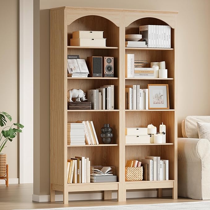 Arched Set of 2 Bookshelf with 5 Tier Open Shelves, 71" Tall Wood Bookcase with Adjustable Shelves, 24" Wide Floor Standing Display Storage Shelf for Home Office, Kitchen, Living Room, Natural Oak