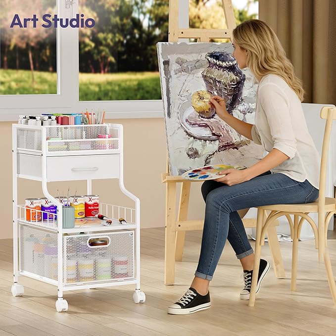 SWTYMIKI Rolling Under Desk Storage - Utility Cart with Drawers & DIY Divider - Art Cart Organizer on Wheels - Craft Storage Drawers Rolling Cart for Office, Craft Room & Studio White