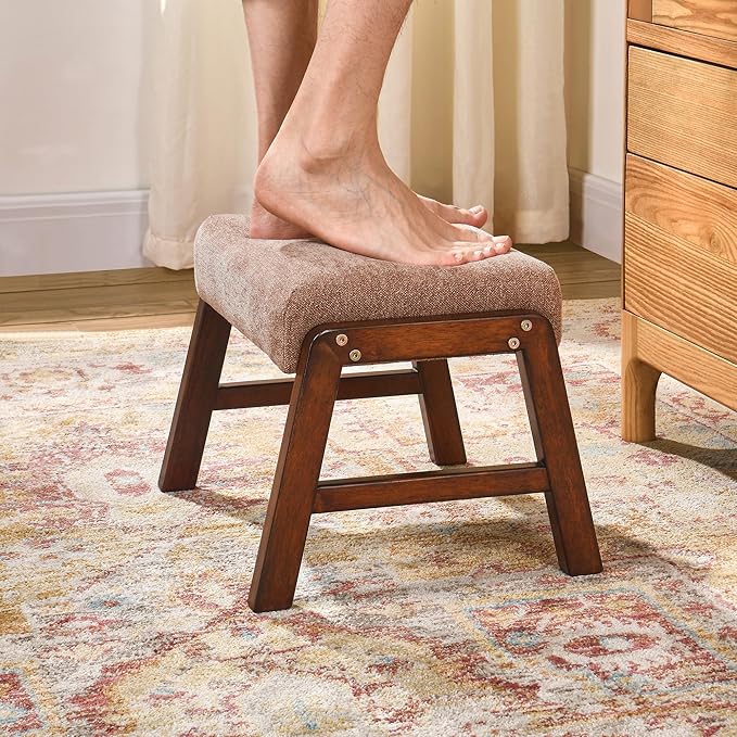 Small Footstool Ottoman, 11.8" H Fabric Wooden Foot Rest Ottoman with Wood Legs, Small Foot Stool Sofa Footrest Extra Seating for Living Room Entryway Office, Apricot