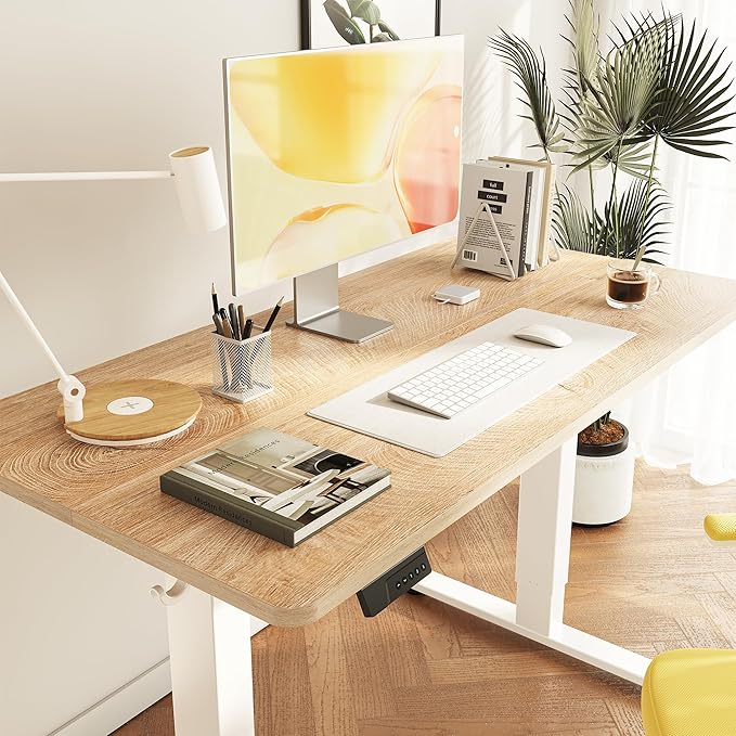 Cubiker Standing Desk, 48x24 Inches Sit Stand Home Office Desk, Electric Stand up Desk, Adjustable Desk with Splice Board, White Frame/Maple Top