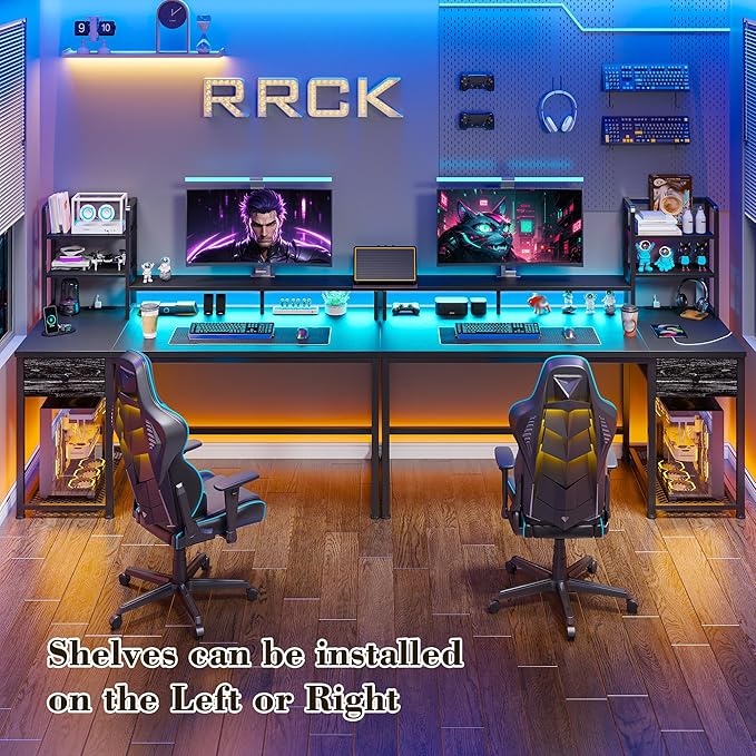 44 Inch Gaming Desk with Hutch and Drawers,Reversible Computer Desk with Monitor Shelf,Home Office Desks with USB Power Outlets and Storage,Pc Small Gaming Desk for Office with LED Lights,Black