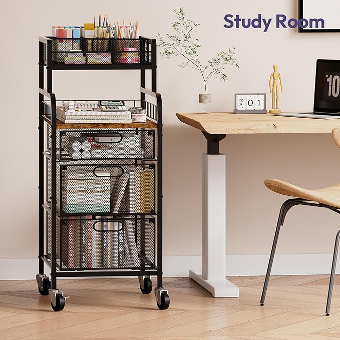 SWTYMIKI Office Rolling Cart with 3 Drawers - Metal Utility Cart with Wood Shelf, DIY Divider and Locking Wheels, Craft & Art Cart Organizer for Under Desk Storage for Home Office Studio, Espresso