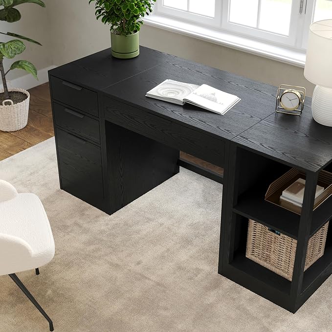 Martha Stewart Kayden Home Office Modular Desk with Drawer, 2 Tier Shelf, and File Cabinet in Black with Oil Rubbed Bronze Hardware