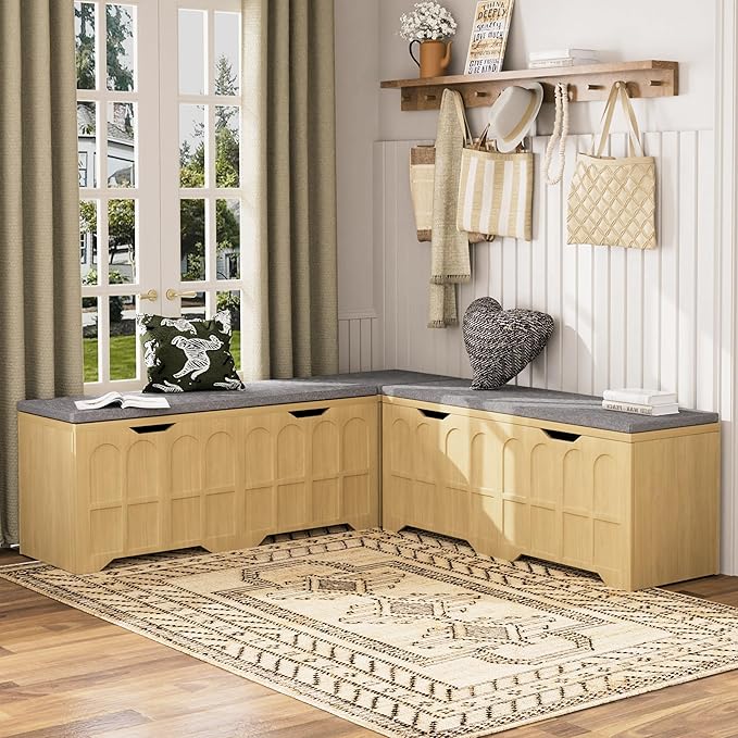 3-Piece L-Shaped Multifunctional Storage Bench with Padded Shoe Bench, Serves as a Kitchen Corner Stool, Toy Storage Box, or Reading Nook seat, Natural Color, 63" D x 63" W x 19.1" H