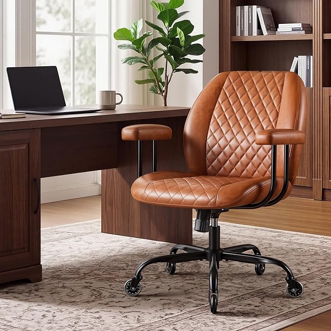 Furmax Ergonomic Home Office Chair Executive Leather Mid Back Desk Chair, Adjustable 360° Swivel Task Chair for Conference Room Study (Brown)