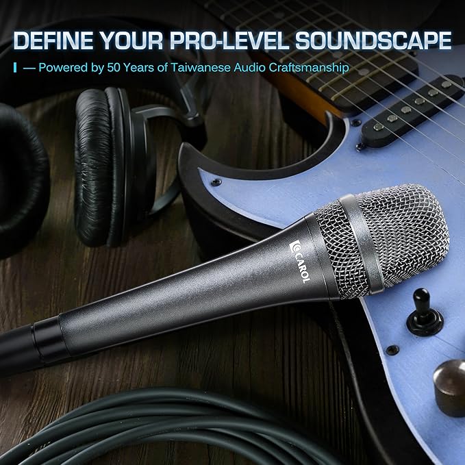 CAROL AC-910 XLR Wired Vocal Microphone – Dynamic Cardioid Mic with Dual-Engine AHNC Noise Cancelling Tech for Singing, Karaoke, Stage & Studio, Includes Microphone, Mic Clip & 14.8ft XLR Cable