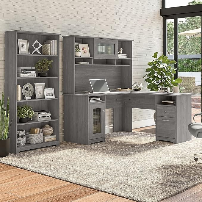 Bush Home Cabot 60W L Shaped Computer Desk with Hutch and 5 Shelf Bookcase in Modern Gray