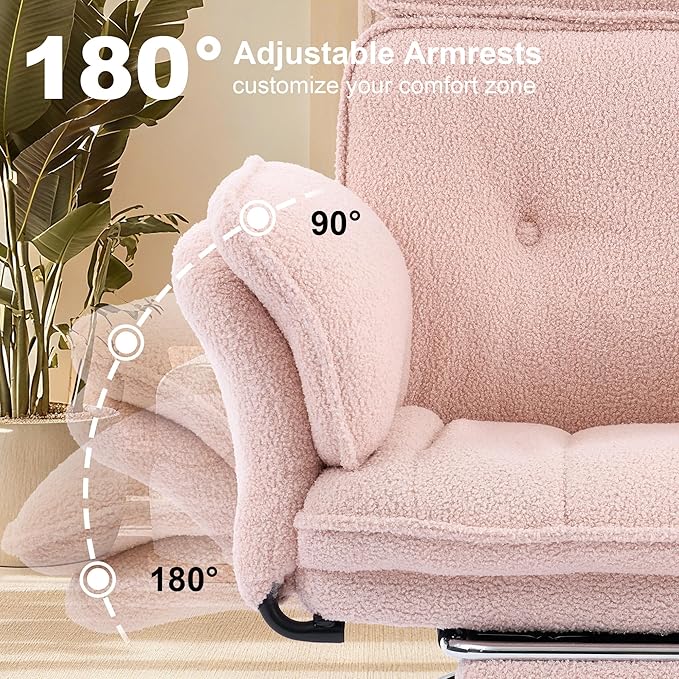Criss Cross Chair with Wheels, Extra Wide Cross Legged Office Chair with Flip-Up Armrests & Footrest, Ergonomic Teddy Fleece Swivel Desk Chair with Adjustable Headrest for Home Office & Vanity Pink