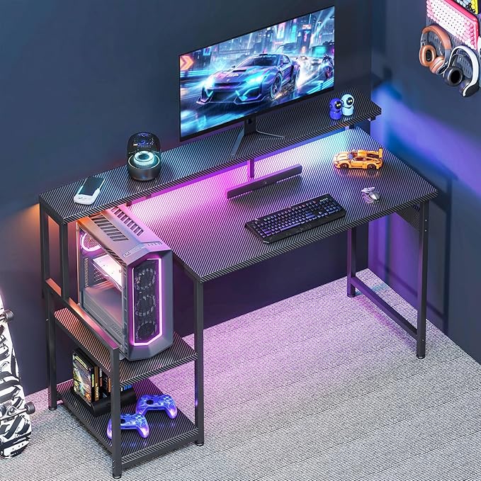 AODK Gaming Desk, 48 Inch Computer Desk with Led Lights, Office Desk with PC Tower Stand, Reversible Desk with Monitor Shelf & Headphone Hook, Carbon Fiber Black