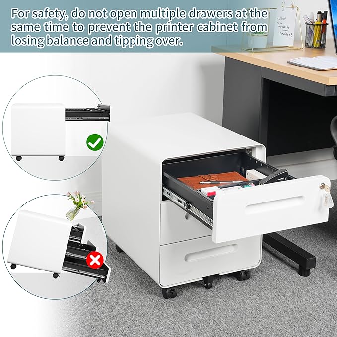 3 Drawer Under Desk Printer Stand with Lock, Mobile Rolling Printer Table for Home Office, Fully Pre-Assembled (Wheels Only to Attach), 4 Keys Included, White
