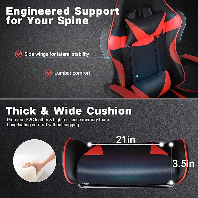 Gaming Chair with Footrest and Lumbar Support, Height Adjustable Chair with 360°Office Desk Chair,Heavy Duty 330lbs Computer Chair for Adults, Black & Red